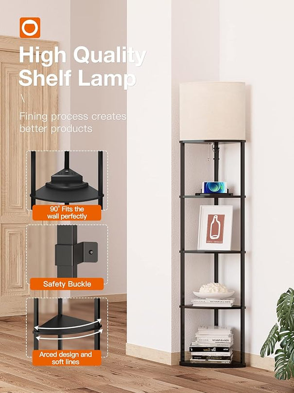 addlon 5-Tier Corner Shelf Floor Lamp with Type C, USB Port & 1 Power Outlet and 3CCT LED Bulb, Modern Display Lamp for Narrow Corner Bookshelf lamp for Living Room, Bedroom, Office - Black - LeafyLoom