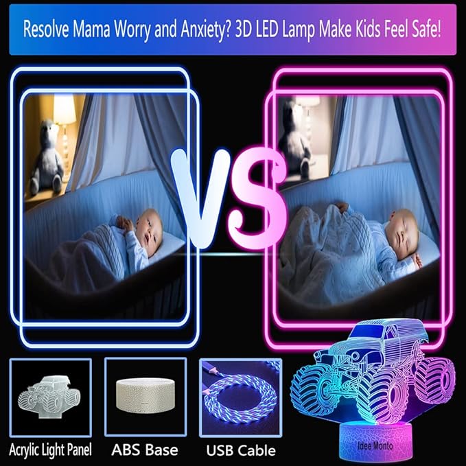 3D LED Lamp for Kids Room Night Lights for Kids Monster Trucks for Boys, with Smart Touch 7 Colors Changing Dimmable Monster Truck Light, for 1 2 3 4 5 6 7 8 Year Old Boy/Girl Birthday Xmas Gifts - LeafyLoom