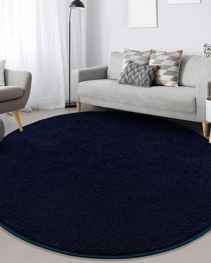 Round Area Rugs for Bedroom Living Room, 5x5 Navy Blue Super Soft Comfy Thickened Memory-Foam Indoor Circle Carpets, Modern Aesthetic Minimalist Carpet for Boys Girls Adults Nursery Home Décor - LeafyLoom