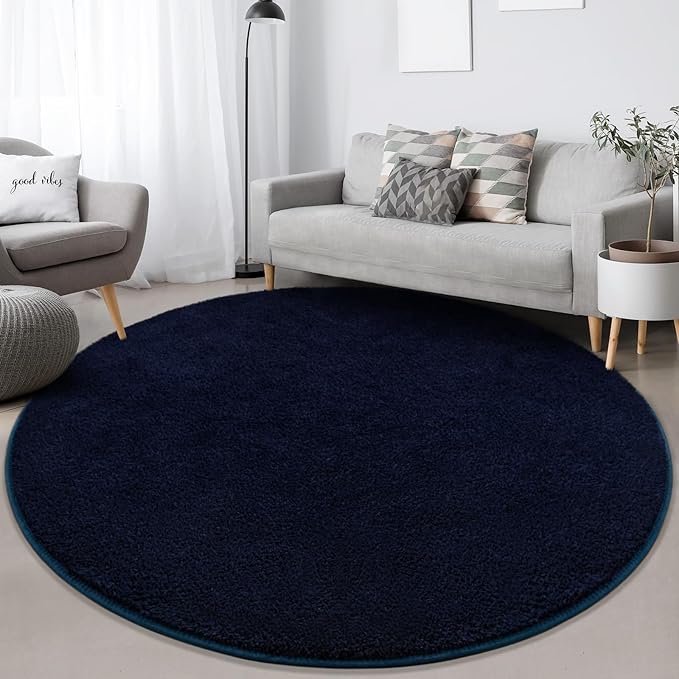 Round Area Rugs for Bedroom Living Room, 5x5 Navy Blue Super Soft Comfy Thickened Memory-Foam Indoor Circle Carpets, Modern Aesthetic Minimalist Carpet for Boys Girls Adults Nursery Home Décor - LeafyLoom