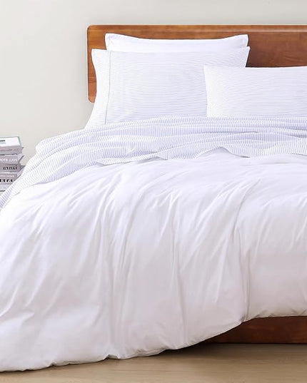 LANE LINEN 100% Organic Cotton Sheet Sets Queen Size, 4Pc Queen Size Cotton Sheets, Hotel Style Sheets, Bedding Sheets & Pillowcases, Queen Sheet Sets Deep Pockets Fits upto 15" - Blue Ticking Stripe - LeafyLoom
