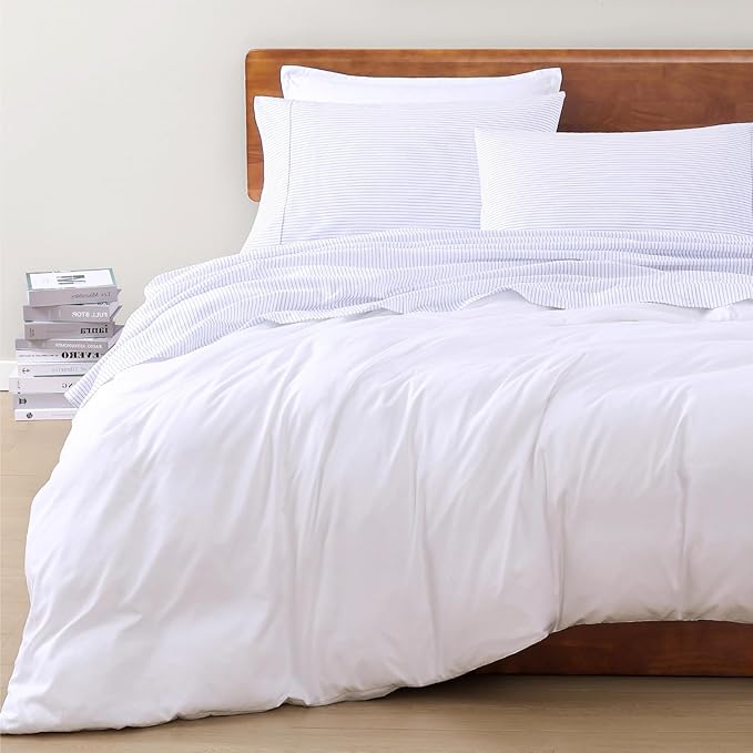 LANE LINEN 100% Organic Cotton Sheet Sets Queen Size, 4Pc Queen Size Cotton Sheets, Hotel Style Sheets, Bedding Sheets & Pillowcases, Queen Sheet Sets Deep Pockets Fits upto 15" - Blue Ticking Stripe - LeafyLoom