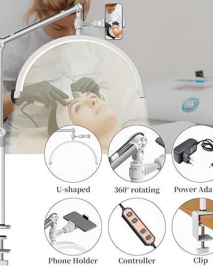 Half Moon Lash Light for Eyelash Extensions, Half Moon Lash Lamp with Phone Holder for Makeup, Nail, Facial, Tattoo - Dimmable Eyelash Lamp & Color Temperature 3000K-6000K - LeafyLoom