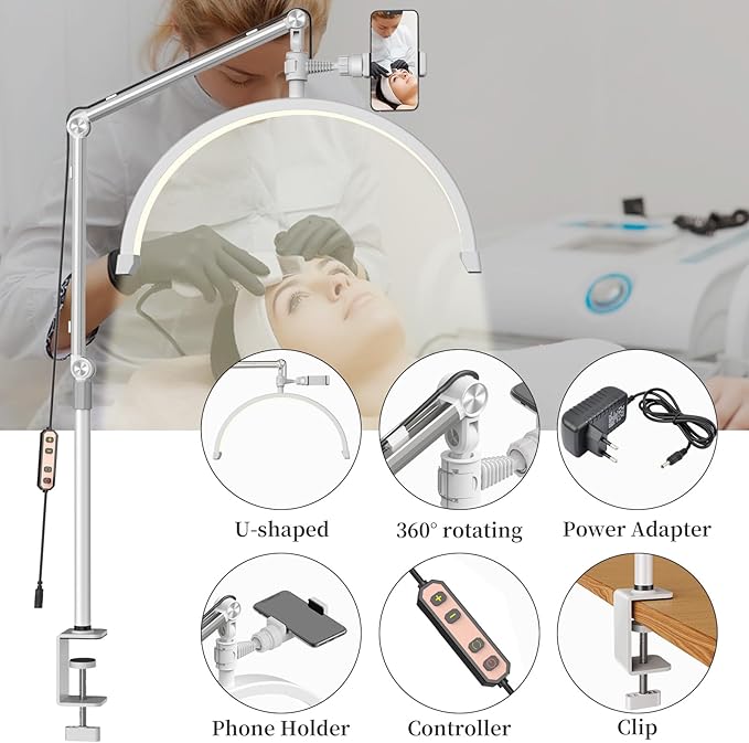 Half Moon Lash Light for Eyelash Extensions, Half Moon Lash Lamp with Phone Holder for Makeup, Nail, Facial, Tattoo - Dimmable Eyelash Lamp & Color Temperature 3000K-6000K - LeafyLoom