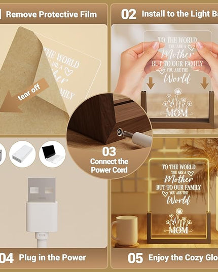Sentimental Mothers Day Gifts for Mom from Daughter Son Kids, Walnut Night Light with Heartwarming Plaque for Mom's Birthday, Unique Mother's Day Gift Ideas for Wife, Best Mom Ever Gifts - LeafyLoom