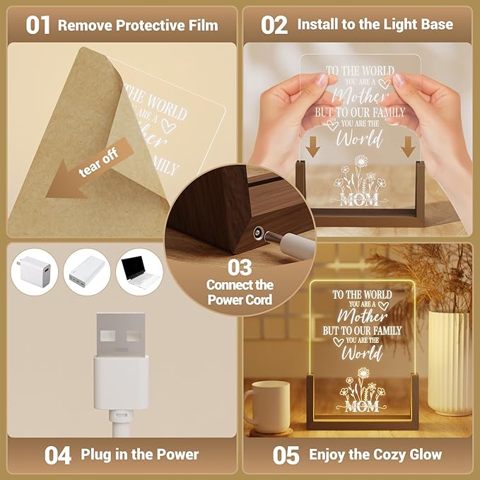 Sentimental Mothers Day Gifts for Mom from Daughter Son Kids, Walnut Night Light with Heartwarming Plaque for Mom's Birthday, Unique Mother's Day Gift Ideas for Wife, Best Mom Ever Gifts - LeafyLoom