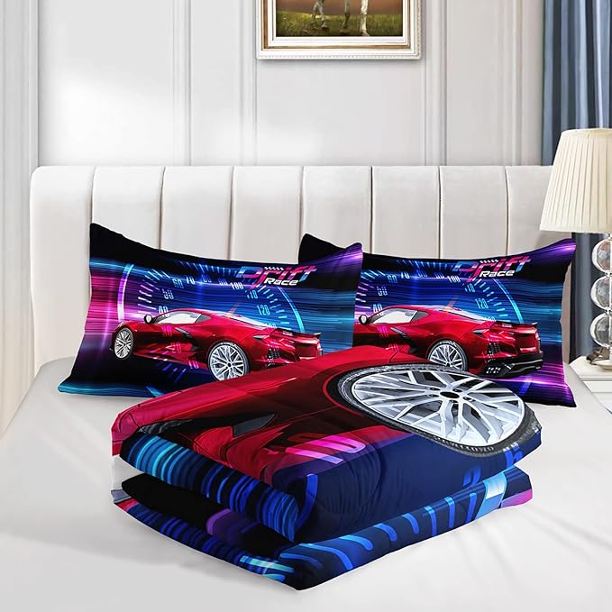 Axolotl Race Car Bedding Set Queen Size,Boys Extreme Sports Comforter Set for Kids Boys Car Racing Gifts,Red Cool Car Comforter Car Sports Quilt Set 1 Comforter Set with 2 Pillowcase Car Racing Gifts - LeafyLoom