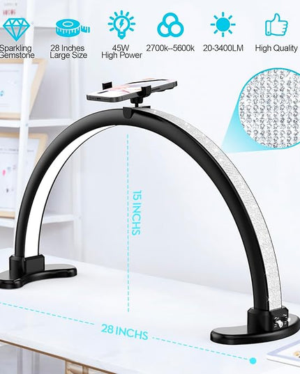 Large Half Moon LED Light for Table Nail Desk Lamp, Upgrade Arch Light for Nail Techs with Phone Stand Perfect for Nails Tech Manicure (Black) - LeafyLoom