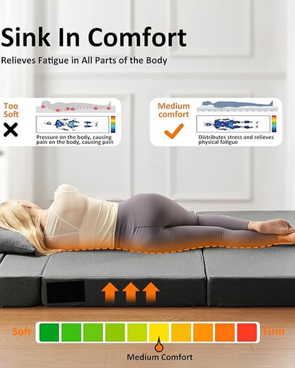 Single Size Folding Lazy Sofa Bed - Convertible Floor sofa with Two Large Pockets Lounge Chaise - Memory Foam Floor mattress Foldable for Living Room/Dorm/Guest/Home Office/Apartment (Dark Grey) - LeafyLoom