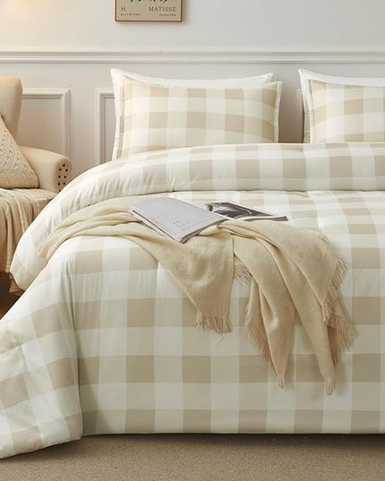 Andency Beige Grid Comforter Set Queen Size (90x90 Inch), 3 Pieces(1 Grid Comforter and 2 Pillowcases), Summer Lightweight Microfiber Down Alternative Beige Comforter - LeafyLoom