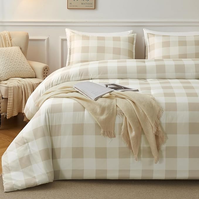Andency Beige Grid Comforter Set Full Size (79x90 Inch), 3 Pieces(1 Grid Comforter and 2 Pillowcases), Summer Lightweight Microfiber Down Alternative Beige Comforter - LeafyLoom
