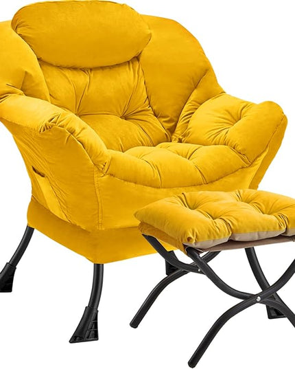 Lazy Chair with Folding Ottoman Modern Large Accent Chair,Contemporary Lounge Leisure Sofa Chair with Armrests Upholstered Sofa Armchair Reading Chair for Bedroom,Dorm & Office,Yellow - LeafyLoom