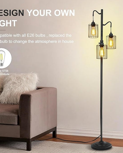 Floor lamp, 69 inch 3-Light Dimmable Farmhouse Floor Lamps for Living Room with 3 Free LED Edison Bulbs, Modern Industrial Vintage Corner Tall Tree Standing Floor Lamp for Bedroom Office - LeafyLoom