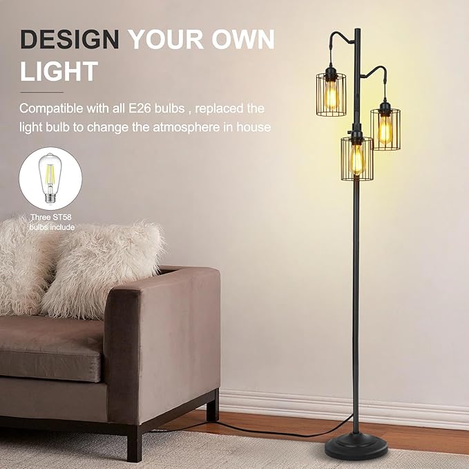 Floor lamp, 69 inch 3-Light Dimmable Farmhouse Floor Lamps for Living Room with 3 Free LED Edison Bulbs, Modern Industrial Vintage Corner Tall Tree Standing Floor Lamp for Bedroom Office - LeafyLoom