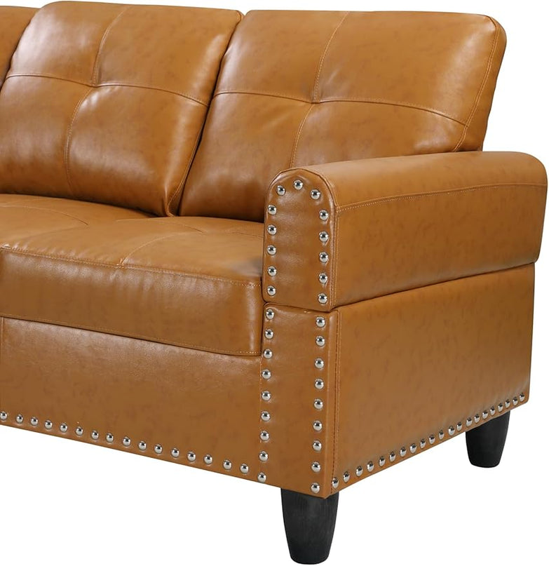 RITSU L Shape Sectional Sofa, Upholstered Corner Couch with Storage Ottoman, Reversible Backrest w/Cup Holder, 4 Seater, Faux Leather Tufted Cushions, for Living Room,Apartment, Ginger, 71 inch - LeafyLoom