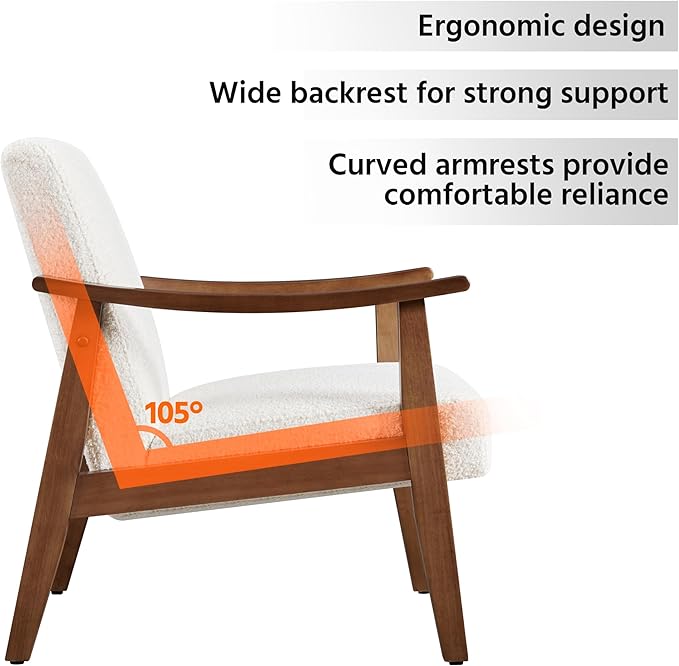 Yaheetech Fabric Accent Chair, Mid-Century Modern Armchair with Solid Wood Legs, Reading Leisure Chair with High Back for Living Room Bedroom Waiting Room,Ivory - LeafyLoom