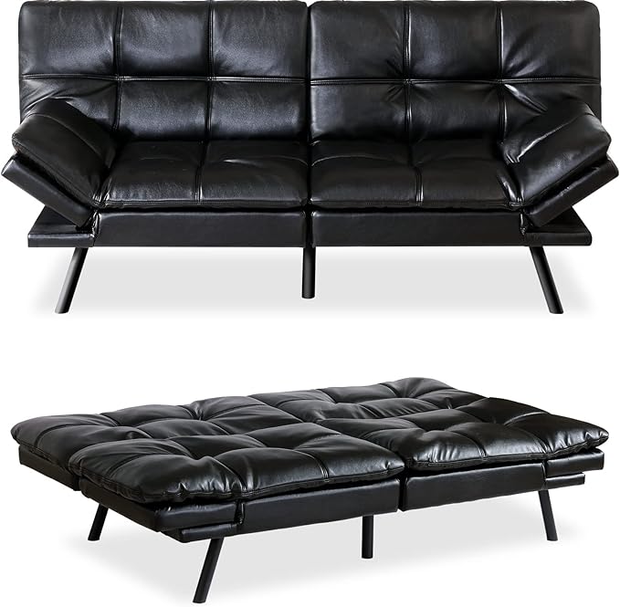 MUUEGM Futon Sofa Bed Convertible Memory Foam Sleeper Couch,Modern Faux Leather Daybed Love seat for Living Room Office Apartment Small Space,Adjustable Arm&Back,71" Sofabed, Black - LeafyLoom