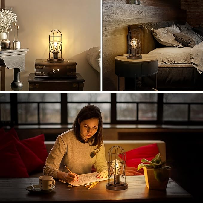 Small Touch Lamp, Industiral Table Lamp with Antique Bronze Cage, 3 Way Dimmable Bedside Lamp Vintage Nightstand Lamp Steampunk Edison Lamp for Bedroom Living Room Kitchen, LED Bulb Included - LeafyLoom