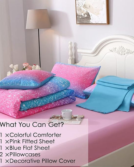 JQinHome Glitter Comforter Set Queen Size, 6 Piece Bed in A Bag 3D Colorful Duvet Pink Blue Bedding Set for Girls Women (1 Comforter,2 Pillowcases,1 Flat Sheet,1 Fitted Sheet,1 Cushion Cover) - LeafyLoom