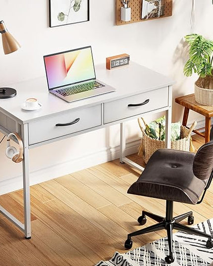 ODK 40 Inch Small Desk with Fabric Drawers- for Bedroom, White Vanity Desk with Storage, Home Office Computer Desk for Small Spaces, Modern Work Writing Study Table, White - LeafyLoom
