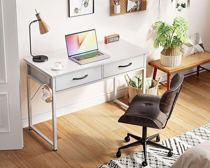 ODK 40 Inch Small Desk with Fabric Drawers- for Bedroom, White Vanity Desk with Storage, Home Office Computer Desk for Small Spaces, Modern Work Writing Study Table, White - LeafyLoom