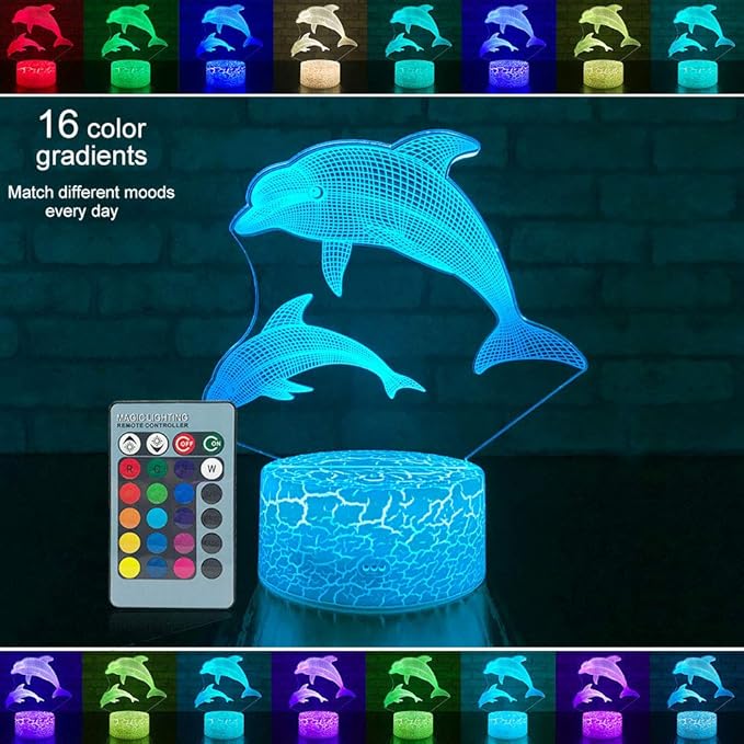 Dolphin Girls Gifts Dolphin Lamp 16 Colors Change with Remote Control 3D Optical Illusion Dolphin Decor Light As a Birthday Gift Ideas for Baby and Kids - LeafyLoom