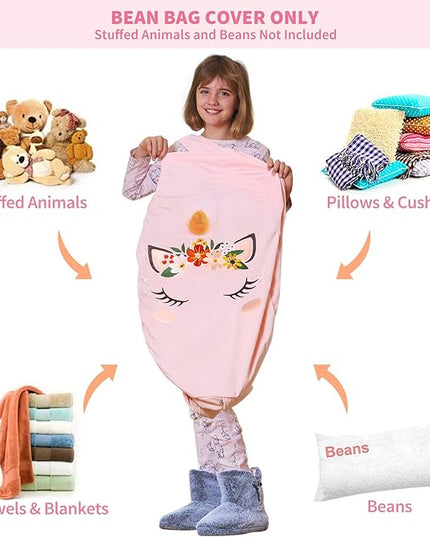 Aubliss Stuffed Animal Storage, Velvet Bean Bag Chairs Cover, X-Large 38" Ultra Soft Kids Toy Storage Organizer for Blankets Towels Clothes, Unicorn Pink Floral - LeafyLoom