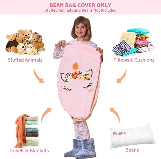 Aubliss Stuffed Animal Storage, Velvet Bean Bag Chairs Cover, X-Large 38" Ultra Soft Kids Toy Storage Organizer for Blankets Towels Clothes, Unicorn Pink Floral - LeafyLoom