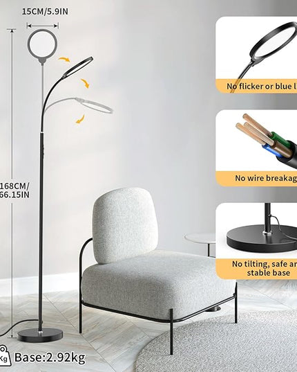 Airand LED Floor Lamp, 12W/1000lm Gooseneck Floor Standing Reading Light with Stepless Adjustable 3000K-6000K Colors and Timer, Remote and Touch Control, Sofa Standing lamp for Room, Bedroom, Office - LeafyLoom