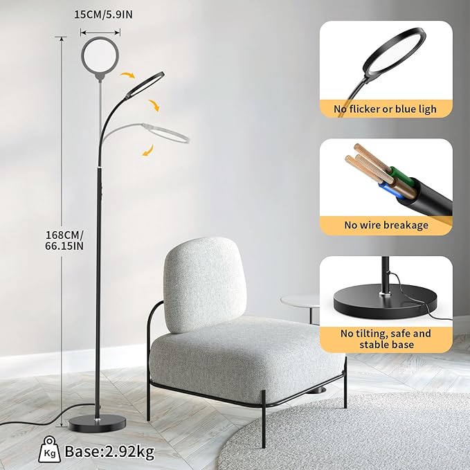 Airand LED Floor Lamp, 12W/1000lm Gooseneck Floor Standing Reading Light with Stepless Adjustable 3000K-6000K Colors and Timer, Remote and Touch Control, Sofa Standing lamp for Room, Bedroom, Office - LeafyLoom