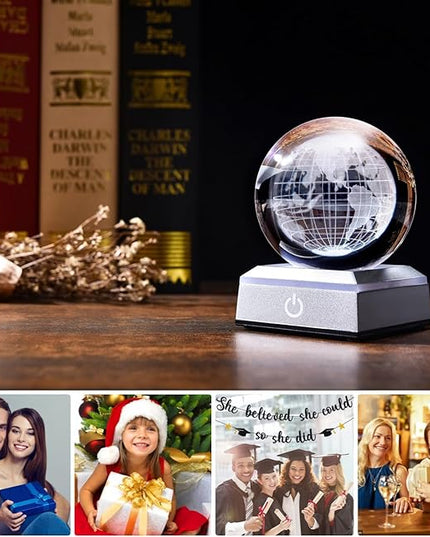 3D Crystal Ball Earth Model, with Led Stand, 3.15'' Globe World Map Planets Glass Ball Decor, Engraved Crystal Sphere with Gift Box, 6 Color Light, Romantic Gifts for Kids Friends - LeafyLoom
