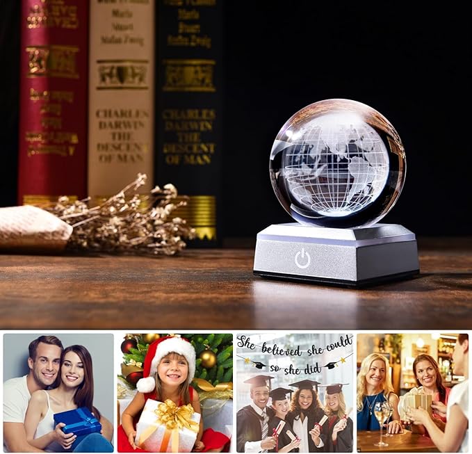 3D Crystal Ball Earth Model, with Led Stand, 3.15'' Globe World Map Planets Glass Ball Decor, Engraved Crystal Sphere with Gift Box, 6 Color Light, Romantic Gifts for Kids Friends - LeafyLoom