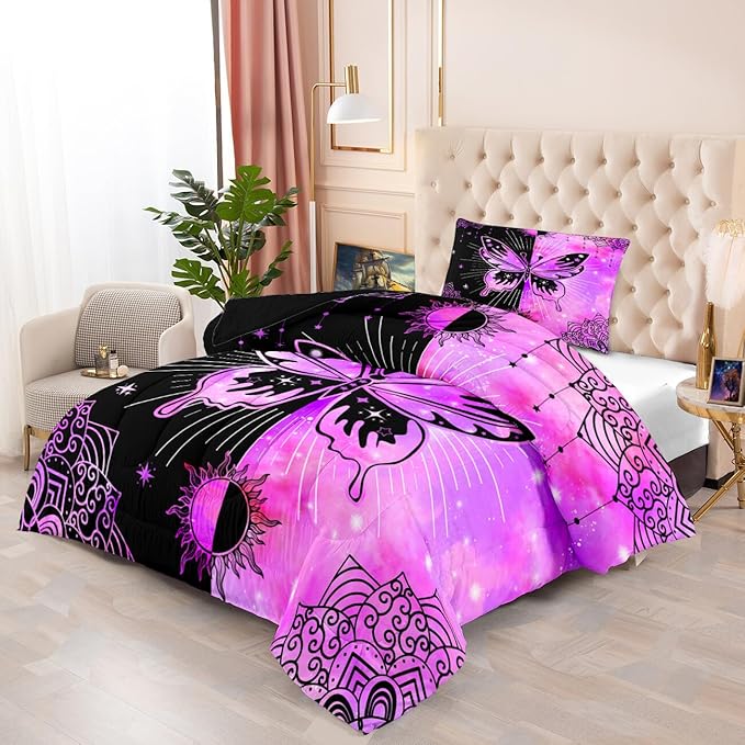 Butterfly Comforter - Butterfly Bed Set - Butterfly Comforter Set for Girls Women Bed Girls Twin Bedding Set Black Purple Butterflies with Sun and Moon Printed Quilt Sets with 1 Pillowcase - LeafyLoom