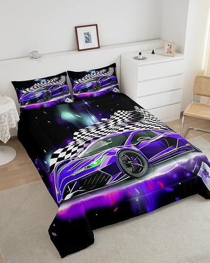 Purple Race Car Comforter Set Full Size, Black White Lattice Bedding Set 2pcs for Kids Boys Teens Room Decor,Extreme Sport Games Quilt Set,Cool Modern Duvet Insert with 2 Pillowcases - LeafyLoom