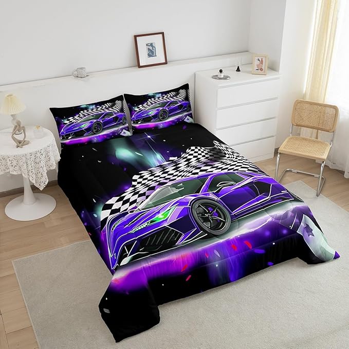 Purple Race Car Comforter Set Full Size, Black White Lattice Bedding Set 2pcs for Kids Boys Teens Room Decor,Extreme Sport Games Quilt Set,Cool Modern Duvet Insert with 2 Pillowcases - LeafyLoom