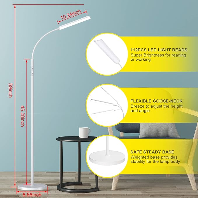 Dimunt LED Floor Lamp, Bright 15W Floor Lamps for Living Room with 1H Timer- White - LeafyLoom