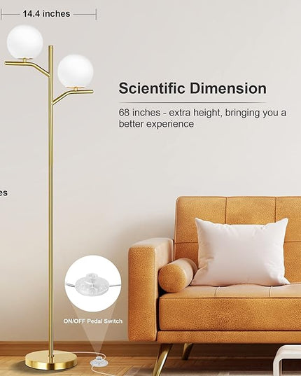 QiMH Modern Floor Lamp for Living Room, Gold Standing Lamp for Bedroom with Globe Glass Shade, 68" Mid-Century Tall Pole Tree Lamps Light Home Decor, Antique Brass(LED Bulbs Included) - LeafyLoom