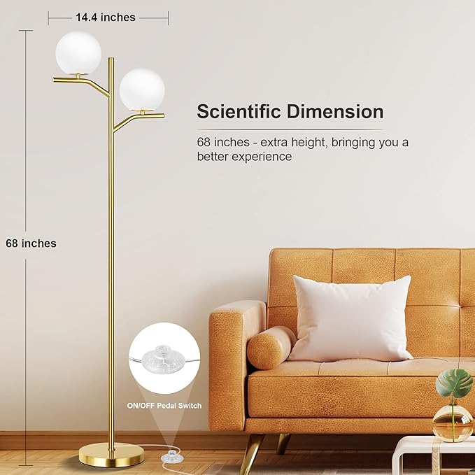 QiMH Modern Floor Lamp for Living Room, Gold Standing Lamp for Bedroom with Globe Glass Shade, 68" Mid-Century Tall Pole Tree Lamps Light Home Decor, Antique Brass(LED Bulbs Included) - LeafyLoom