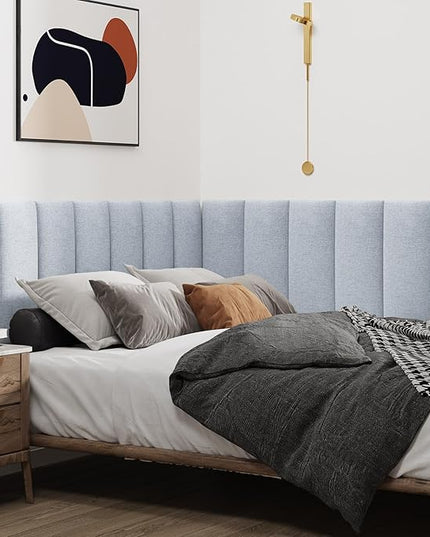 Upholstered Wall Mounted Headboard, 3D Soundproof Wall Panels Peel and Stick Headboard for Queen Size, Reusable and Removable Tufted Bed Headboard in Blue White(9 Panels, 10" x 24") - LeafyLoom