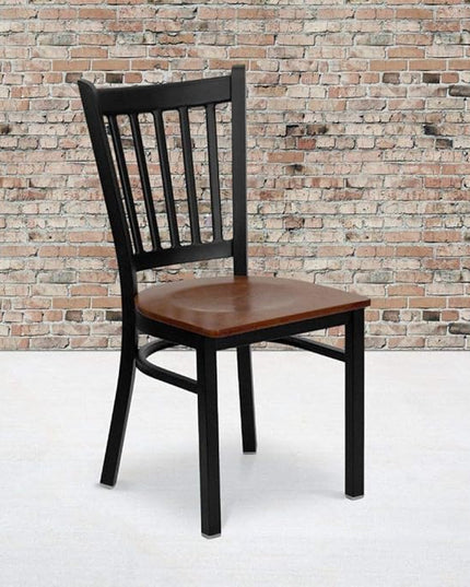 Flash Furniture 4 Pack HERCULES Series Black Vertical Back Metal Restaurant Chair - Cherry Wood Seat - LeafyLoom