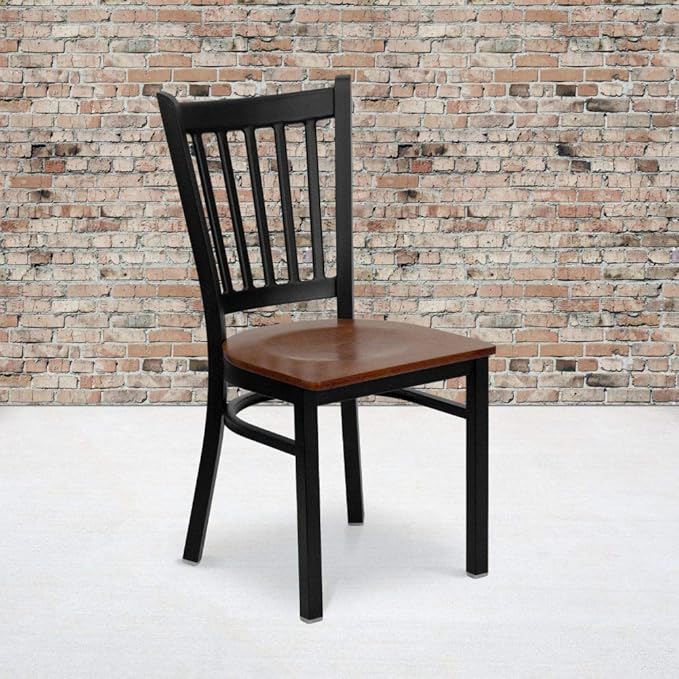 Flash Furniture 4 Pack HERCULES Series Black Vertical Back Metal Restaurant Chair - Cherry Wood Seat - LeafyLoom