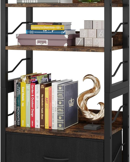 Small Bookshelf with Drawer: 4-Tier Wood Book shelf Industrial Narrow Bookcase Storage Organizer Metal Stackable shelves for Desktop Bedroom Living Room Home Office (Rustic Brown) - LeafyLoom