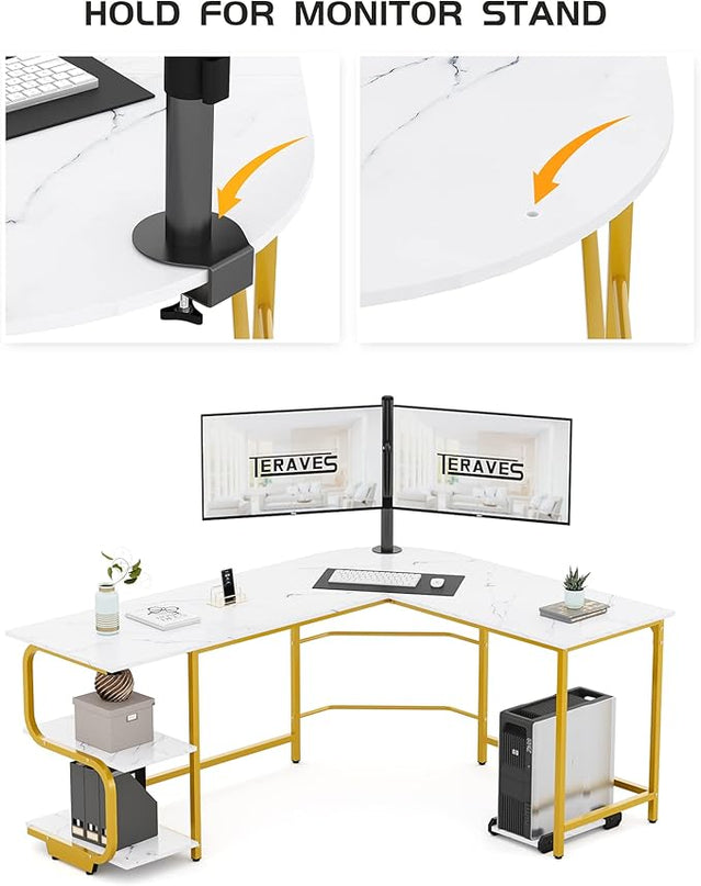 Teraves Reversible L Shaped Desk with Large Surface, 61 Inch Sturdy Corner Desk with Storage Shelves, Premium Office Computer Desk Workstation for Home Office Gaming - LeafyLoom