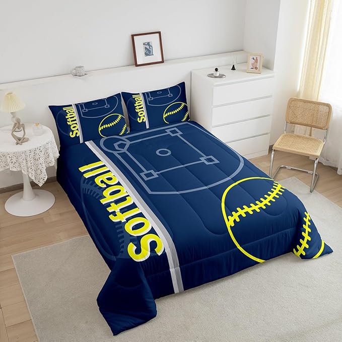 Feelyou Kids Softball Comforter Set King Size Sports Game Bedding Set for Boys Girls Teens Bedroom Decor Baseball Comforter Women Men Softball Gaming Duvet Set with 2 Pillow Case - LeafyLoom