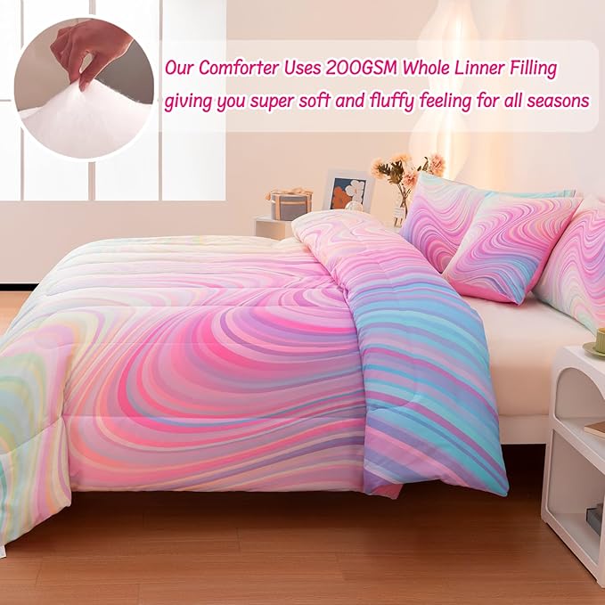 4 Pcs Pink Twin Comforter Set for Girls, Tie Dye Superior Kids Teen Bedding Sets, Blue Pink Rainbow Twin Size Bedding Set for Girls - LeafyLoom