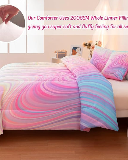 4 Pcs Pink Full Comforter Set for Girls, Tie Dye Superior Kids Teen Bedding Sets, Blue Pink Rainbow Full Size Bedding Set for Girls - LeafyLoom
