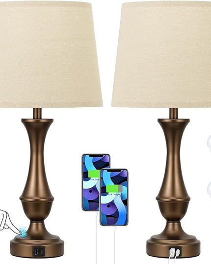Touch Lamps for Bedrooms Set of 2 - Nightstand Table Lamp with USB C+A, 3 Way Dimmable Bedside Lamps for Living Room End Tables Set of 2, Farmhouse Night Stand Lamps for Bed Side Guest Room(Brown) - LeafyLoom