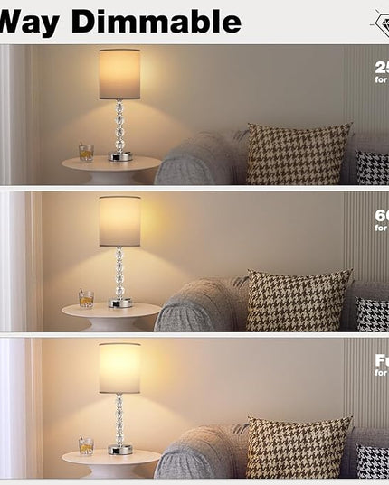 Acaxin Touch Bedside Crystal Lamps for Bedrooms Nightstand with USB C+A Charging Port and AC Outlet White, 3 Way Dimmable Silver Large End Side Table Lamp for Living/Dinning Room/Kitchen/Bedroom - LeafyLoom