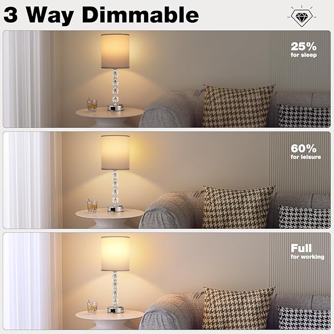Acaxin Touch Bedside Crystal Lamps for Bedrooms Nightstand with USB C+A Charging Port and AC Outlet White, 3 Way Dimmable Silver Large End Side Table Lamp for Living/Dinning Room/Kitchen/Bedroom - LeafyLoom