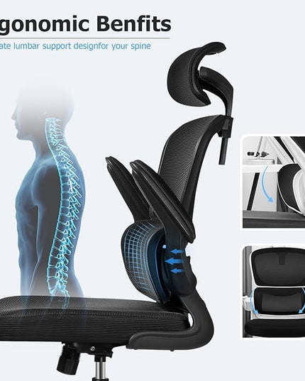 Ergonomic Office Chair, High Back Mesh Desk Chair with Lumbar Support and Adjustable Headrest, Computer Task Chair with Flip-up Armrests, Swivel Executive Chairs for Home Office (Black) - LeafyLoom